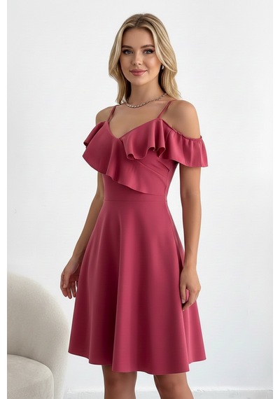 Zedefx Kadın İnce Askılı Katlı Fırfırlı Elbise Pembe