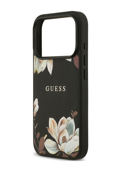 Apple Uyumlu iPhone 17 Pro Kılıf Guess Lisanslı M-safeli Taneli Çiçek Tasarımlı Metal Yazı Logolu Siyah Siyah