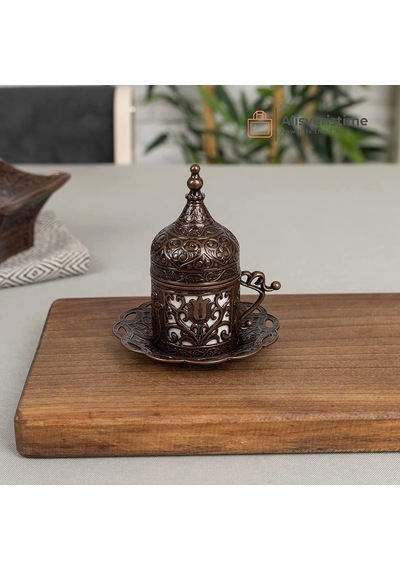 1 Adet Türk Yunan Arap Kahvesi Espresso Fincanı Tabağı Lale Antik Bakır Beyaz - Çok Renkli