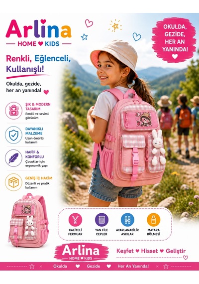 Kore Model Tavşan Aksesuarlı Su Geçirmez Kız Çocuk Çantası Pudra Pudra Pembe