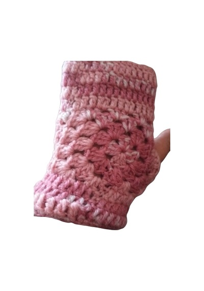 El&Ma El Örgüsü Parmaksız Lastikli Pudra Pembe Motifli Eldiven Pudra