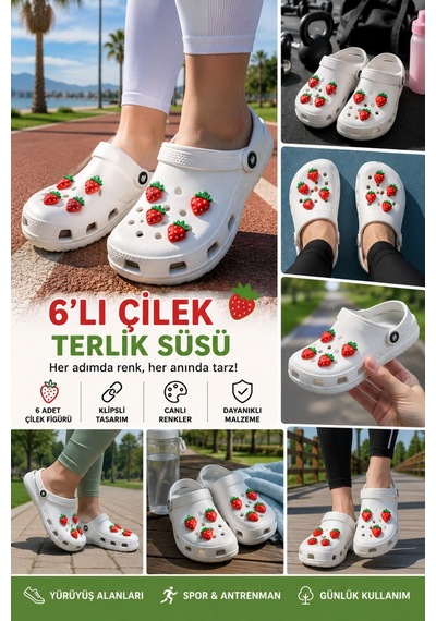 Temungur 6'lı Çilek Figürlü Terlik Süsü Klipsli Süs Seti, Kırmızı Çilek