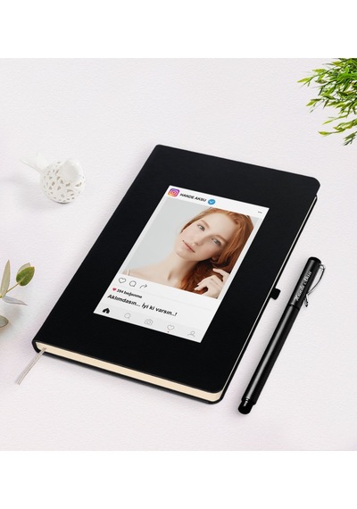 Kişiye Özel Kalpli Fotoğraflı Spotify Barkodlu Siyah Defter Kalem Siyah