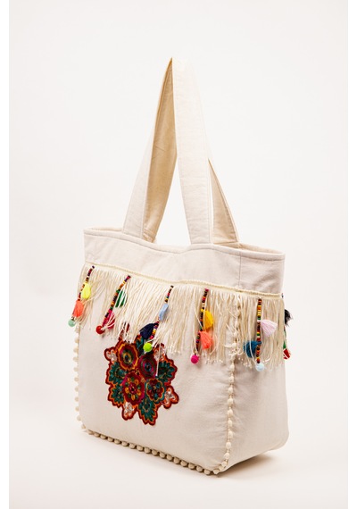 Fabric Craft Bag Omuz Çantası Bohem Nakışlı Krem Püsküllü Günlük Kadın Çanta