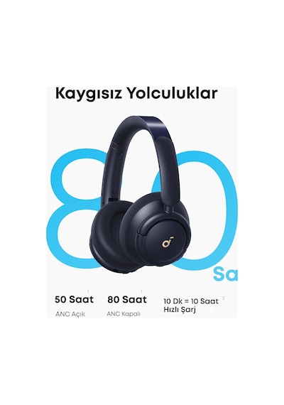Anker Q30 Kulak Üstü Bluetooth Kulaklık, Hibrit Aktif Gürültü Engelleme, Yüksek Çözünürlüklü Ses, 40 Saat Pil Ömrü, Mavi - A3028