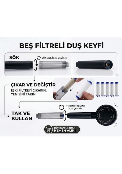 5 Fonksiyonlu Arıtmalı Duş Başlığı Seti - 5 Adet Yedek Filtre Kartuşlu Kireç Ve Tortu Önleyici Spa Duş Seti Füme - Siyah