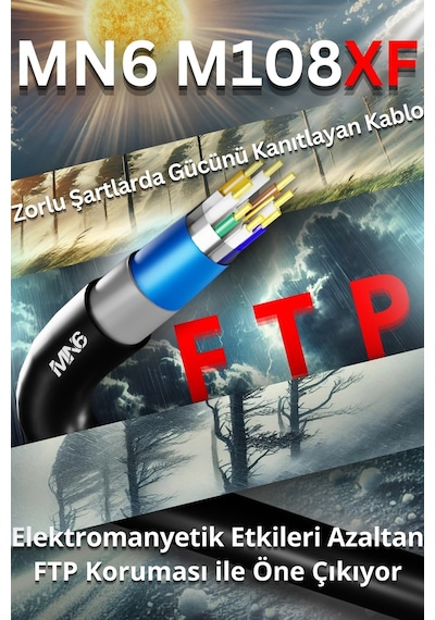 MN6 M108XF Cat6 FTP Ethernet Kablosu 305 Metre Dış Mekan UV Korumalı Çift Katmanlı PE+PVC Parazit Önleyici 23AWG 0.60mm