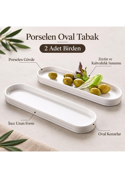 Porselen Oval Tabak 2'li Set, 26,2 7 1,9 Cm, Beyaz İnce Uzun Zeytinlik, Kahvaltılık Peynir Meze Ve Atıştırma Diğer