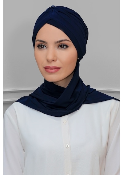 Hürrem Bone Lacivert Pratik Hazır Geçmeli Tesettür Bone Sandy Kumaş Taçlı Büz Lacivert