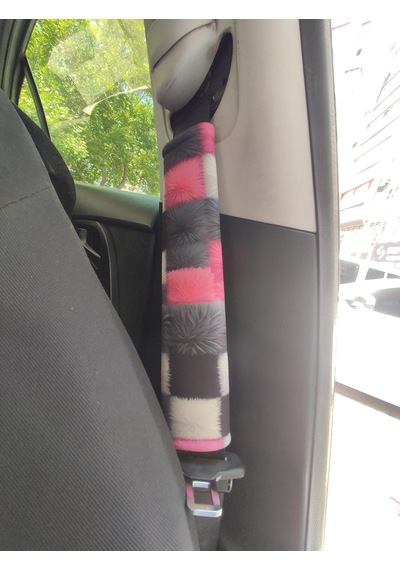 Dijital Baskılı Emniyet Kemeri Pedi, Pembe-gri Kareli, Yumuşak Süngerli, Universal, 26 Cm, 2 Adet