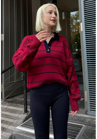 Madmext Bordo Çizgili Polo Yaka Kadın Kazak Mg2476 Bordo