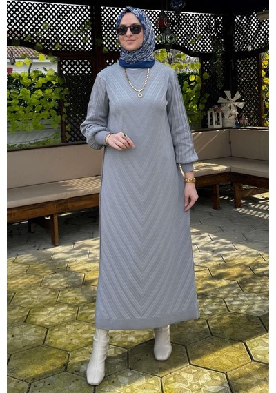 Rabia Şamlı Yağmur Triko Elbise Gri Normal