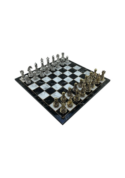 Gifthome Premium Battal Boy Metal İşlemeli Klasik Satranç Takımı Ve Katlanır Mermer Desenli Mdf Satranç Tahtası 43x43 Cm.