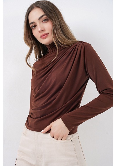 Hiccup Bdart Drape Detaylı Vücuda Oturan Dik Yaka Bluz Mocha Kahvesi