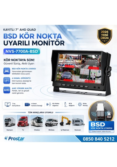 7 İnç Kayıtlı Ahd Quad Araç Monitörü - Sesli Bsd Kör Nokta Uyarılı, 12-24v, Rca Soketli