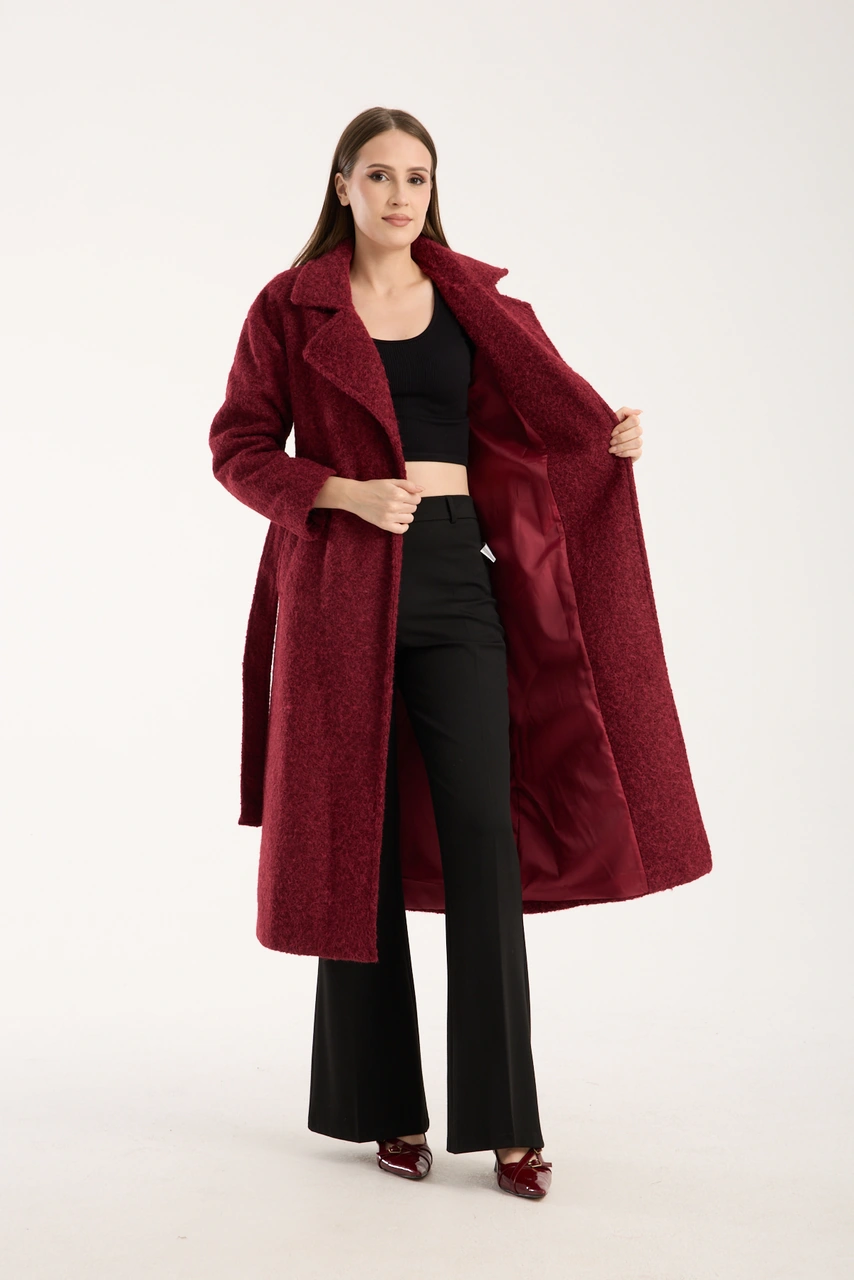 Bordo Buklet Kaşe Oversize Kaban Bordo