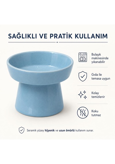Seramik Kedi Köpek Mama Ve Su Kabı Eğimli Ve Yükseltilmiş Mama Kabı, Boyun Ve Omurgayı Destekleyen Ergonomik Tasarım, Kolay Temizlenebilir Mavi