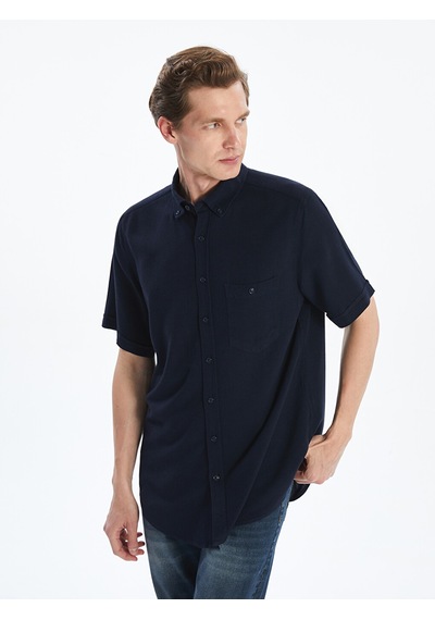 Lcwaıkıkı Classic Lacivert Regular Fit Kısa Kollu Keten Karışımlı Erkek Gömlek