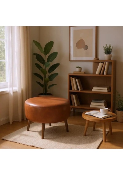 Waterybrook Suni Deri Puf Large - Ceviz Ahşap Ayaklı - Retro Modern Tasarım - Dekoratif Sehpa Taba Kahverengi