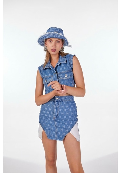 Holly Lolly H Baskılı Asimetrik Kesim Mini Jean Etek Mavi
