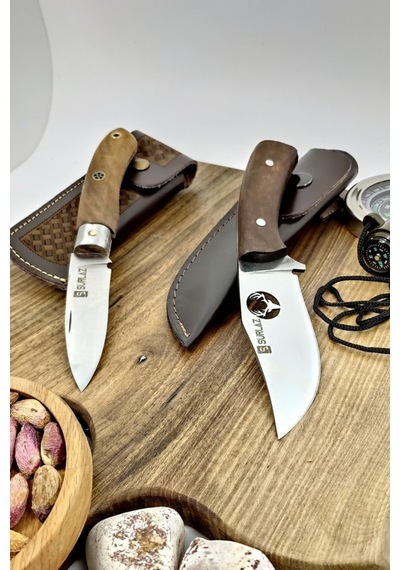 2'li Outdoor Deer Çakı Bıçak Kamp Bıçağı Deri Kılıflı Kahverengi