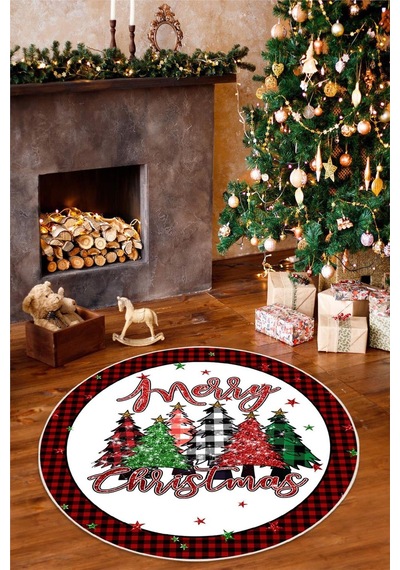 Yılbaşı Temalı Merry Christmas Dijital Baskılı Yıkanabilir Yuvarlak Halı Beyaz