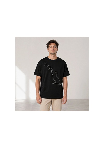 Butik İstanbul Erkek Minimal Kedi Çizim Baskılı Tişört Kısa Kol Yazlık T-shirt - Siyah
