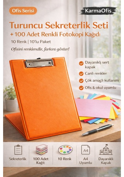 Turuncu Sekreterlik Seti + 100 Adet Renkli A4 Fotokopi Kağıdı Dayanıklı Kapak, Çok Amaçlı Kullanım