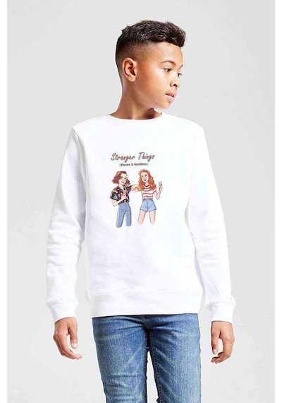 Tshirthane Stranger Things Eleven & Madmax Baskılı Unisex Çocuk Beyaz Sweat