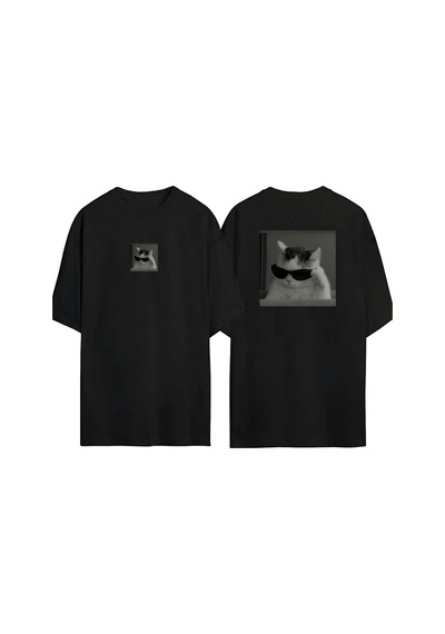 Thewert Unisex Gözlüklü Kedi Ön Arka Baskılı Sıyah Oversize T-shirt Siyah