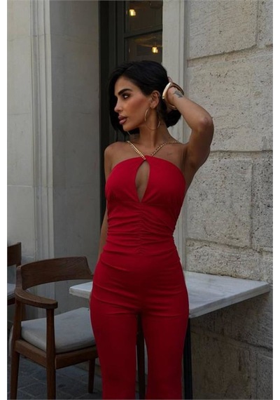Neşeli Butik Kadın Kırmızı Halter Yaka Zincir Askılı İspanyol Paça Premium Tulum Nbdf290 Neşeli Butik Kadın Kırmızı Halter Yaka Zincir Askılı İspanyol Paça Premium Tulum Nbdf290