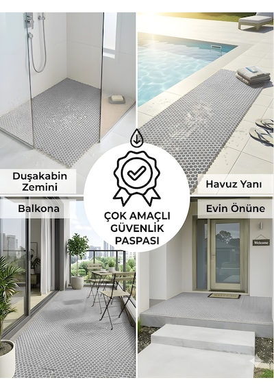 Beylini Petek Pvc Paspas Islak Zeminde Kaydırmaz İç Dış Mekan Banyo Duş Lavabo Havuz Kenar Halısı Bal Desen Gri