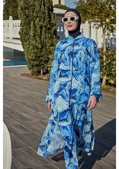 Remsa Mayo Remsa Tesettür Mayo Üzerine Tek Kaftan Kimono Pareo Rp010 Nil Mavi