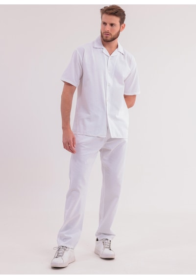 Erkek Siyah Keten Takım Oversize Gömlek & Pantolon 2'li Set Bağcıklı Rahat Yazlık Kombin Beyaz