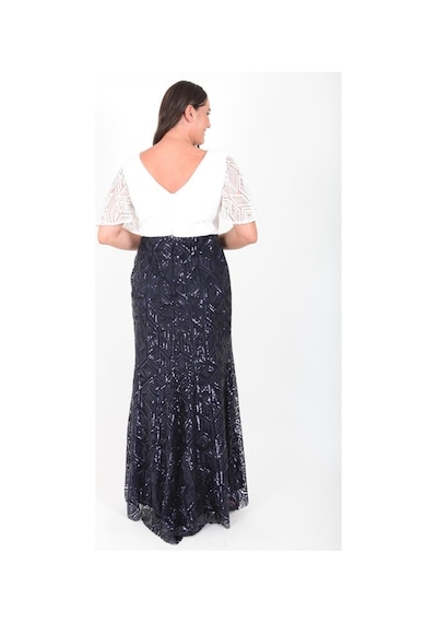 Ladies First Büyük Beden 3204 Lacivert Beyaz Uzun Abiye Elbise