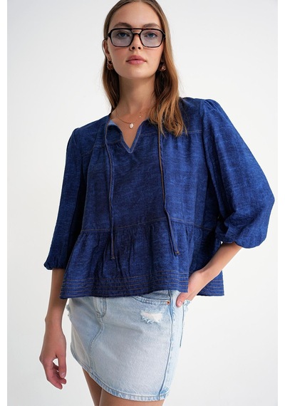 Mixray 4704 Kadın Fırfırlı Balon Kol Kısa Denim Bluz Lacivert