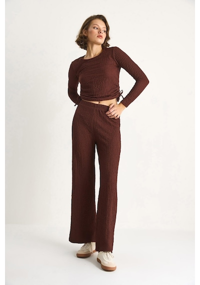 Shade Kadın Yanları Bağlamalı Crop Beli Lastikli Yüksek Bel Pantolonlu Bürümcük Takım 8075 60284110 - Kahve