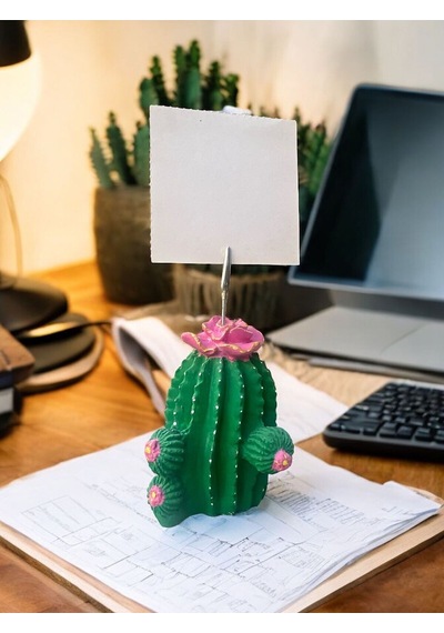 Pembe Çiçek Desenli Kaktüs Obje Fotoğraf Not Tutucu Ofis Masası Tutacak Hediyelike Pembe Yeşil