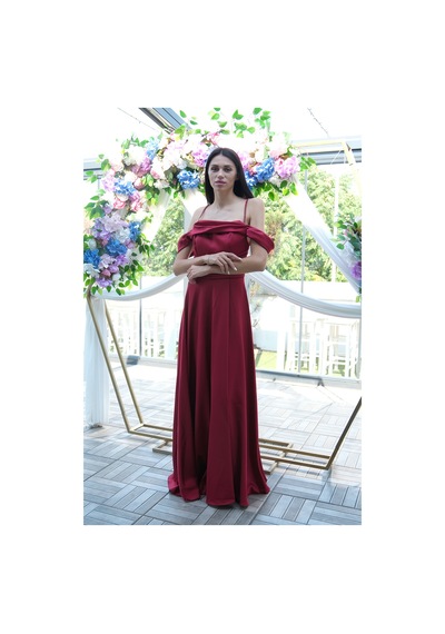 Feminist Bordo Taş Askılı Düşük Kol Saten Abiye 0806118.04 Bordo