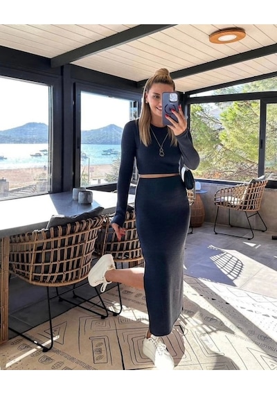 Defymoda Kadın Soft Kaşkorse Kumaş Bluz Ve Yırtmaç Detaylı Etek Ikili Takım Siyah