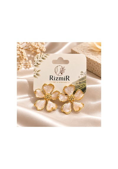 Gold Çerçeveli Çiçek Form Kadın Küpe Krem