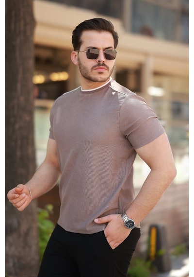 Suma Erkek Omuzlar Çizgi Detaylı Kısa Kollu T-shirt Pudra