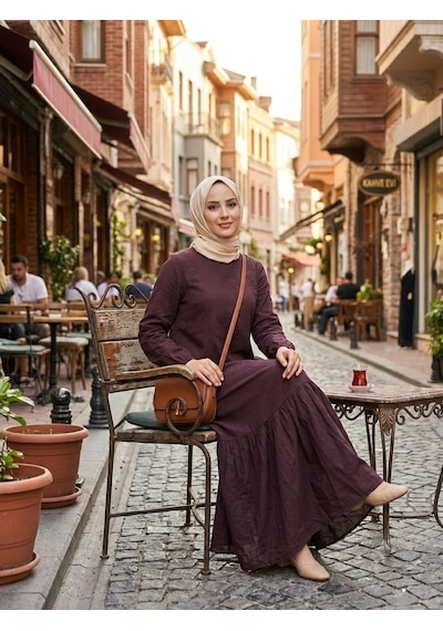 Kadın Düz Renk Dokuma Viskon Kumaş Uzun Tesettür Elbise Kahverengi
