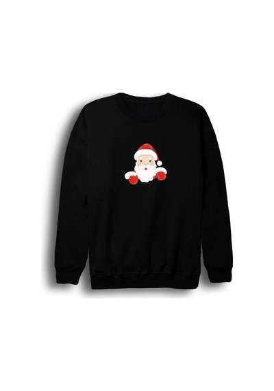 Noel Baba Christmas Yeni Yıl Baskılı Bisiklet Yaka Sweatshirt Siyah