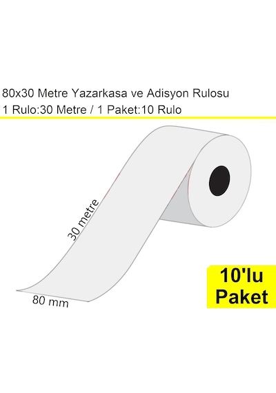 80x30 Metre Yazarkasa Ve Adisyon Rulosu 10'lu Paket / En:80 Mm Boy:30 Metre