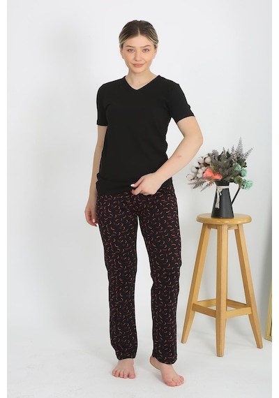 Akbeniz Kadın Kısa Kol Pamuk Penye Pijama Takım Siyah 4214-siyah Siyah