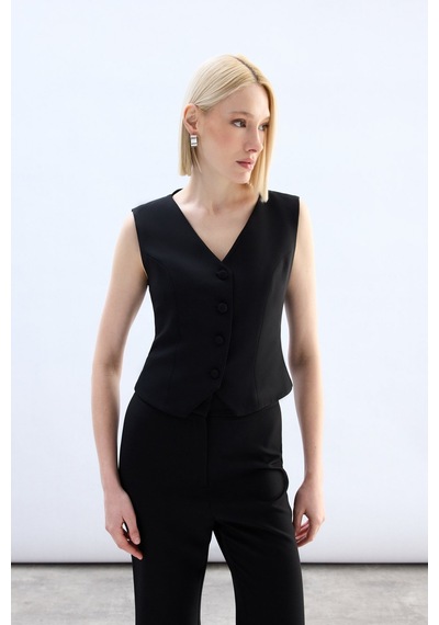 Sateen Klasik Kısa Yelek - Siyah-136835 Siyah