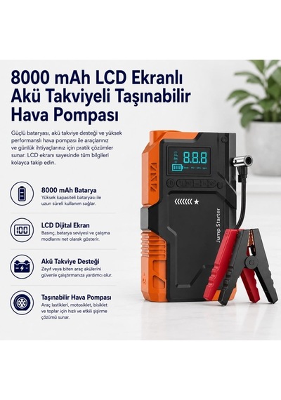 8000 Mah Lcd Ekranlı Akü Takviyeli Taşınabilir Hava Pompası-1668
