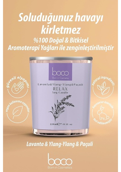 Aromatik Soya Mumu, Relax, Lavanta, Ylang Ylang, Paçuli Yağları İle Kokulandırılmış, Temiz Ve Uzun Yanan Dekoratif Soya Mumu /220 Gr