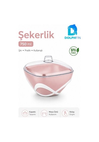 Dolpfin 750 Ml Kapaklı Şekerlik Siyah Beyaz Masaüstü Toz Ve Küp Şeker Kabı Bpa İçermez Pembe